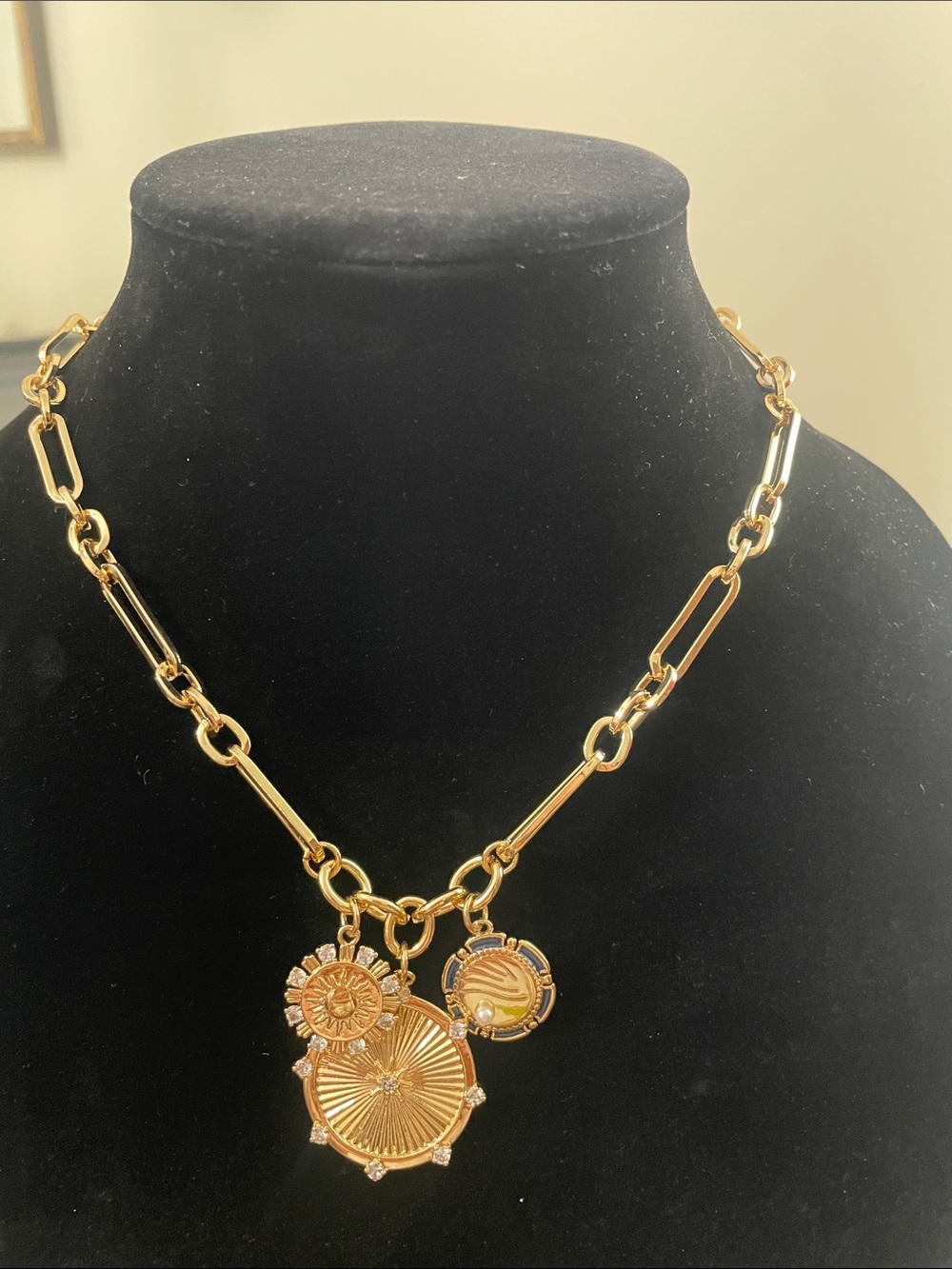 Gold-Tone Charm Pendant Necklace - Elegant Sunburst Medallions
